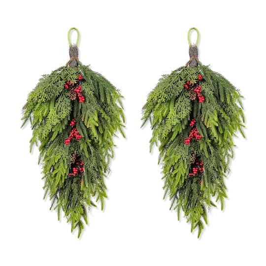 Glitzhome® 31.5" Christmas Greenery PE Dripping Teardrop with Pinecones and Red Berries,Set of 2
